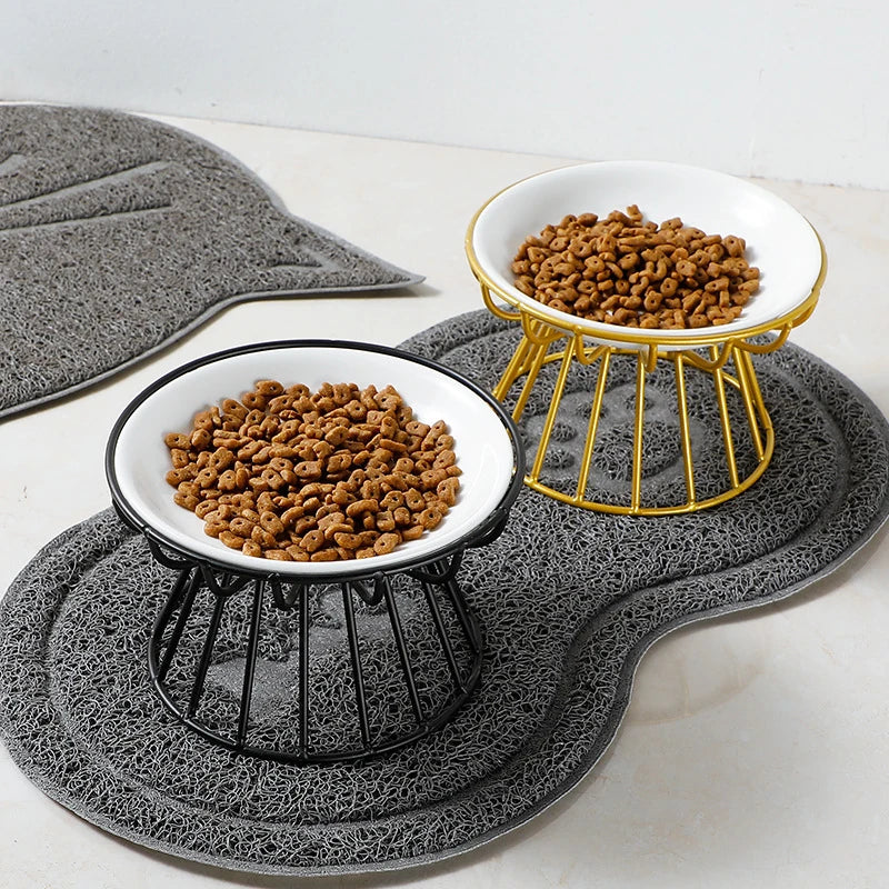 1 Set Pet Ceramic Bowl Iron Rack Cat Food Snacks Canned Plate Anti-Black Chin Anti-Turning Water Does Not Leak Easy To Eat