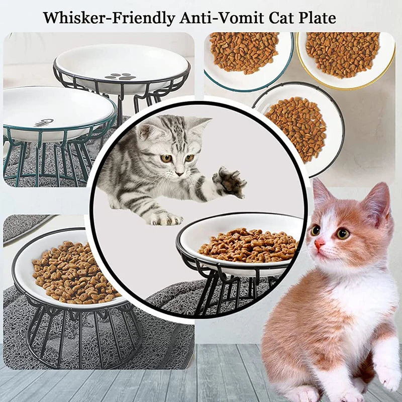 1 Set Pet Ceramic Bowl Iron Rack Cat Food Snacks Canned Plate Anti-Black Chin Anti-Turning Water Does Not Leak Easy To Eat