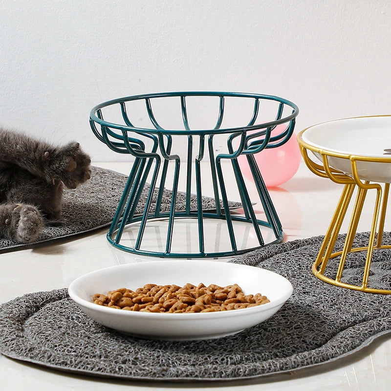 1 Set Pet Ceramic Bowl Iron Rack Cat Food Snacks Canned Plate Anti-Black Chin Anti-Turning Water Does Not Leak Easy To Eat