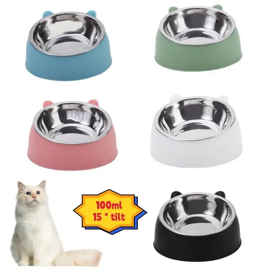 Stainless Steel Tilted Cat Food Bowl Cat Ears Design Slanted Mouth Feeder Pet Food Water Supplies Feeders Dog Bowl Cat Supplies